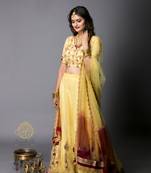 Pale Yellow Brocade And Net Flared Lehenga Choli Dupatta Set