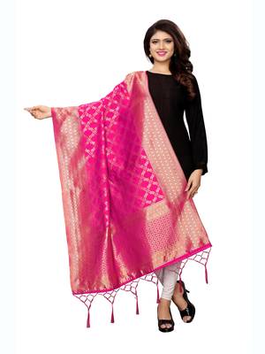 Pink Poly Silk Woven Womens Dupatta 1
