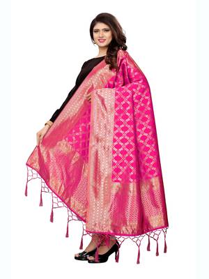 Pink Poly Silk Woven Womens Dupatta 3