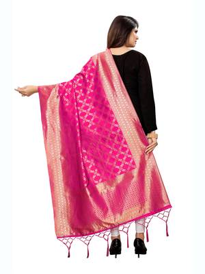 Pink Poly Silk Woven Womens Dupatta 4