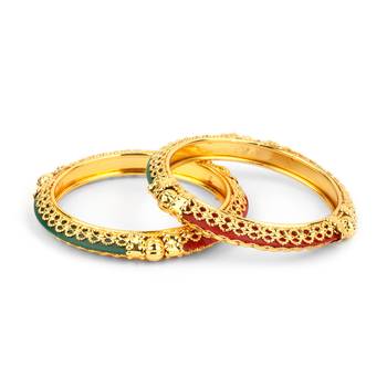 Traditional Red Green Kada Pair With Intricate Jaaliwork Border For Women By Leshya 1