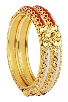 Traditional Red Green Kada Pair With Intricate Jaaliwork Border For Women By Leshya