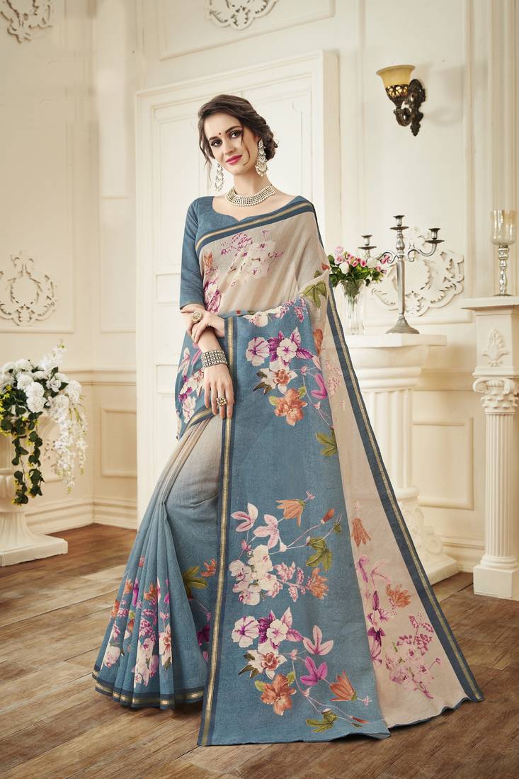 Women's Linen Blend Teal blue Printed Designer Saree With Blouse Piece
