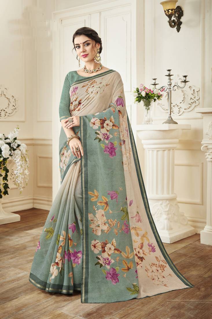 Women's Linen Green Printed Designer Saree With Blouse Piece