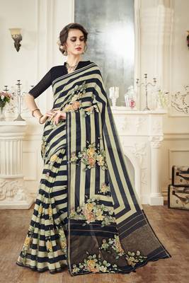 Multicolor printed linen saree with blouse 1