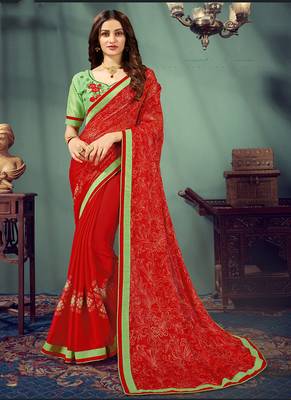 Red printed chiffon saree with blouse 1