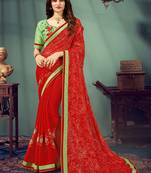 Red printed chiffon saree with blouse