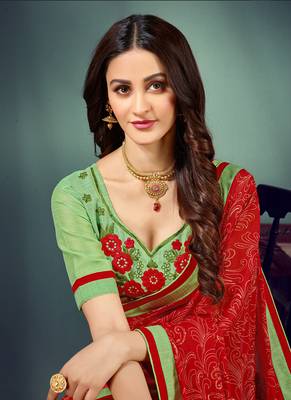 Red printed chiffon saree with blouse 2