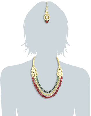 Karatcart 22K Goldplated Antique Origins Kundan Red And Green Tumble Long Necklace For Women 1
