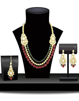 Karatcart 22K Goldplated Antique Origins Kundan Red And Green Tumble Long Necklace For Women 3