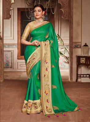 Green embroidered satin saree with blouse 1