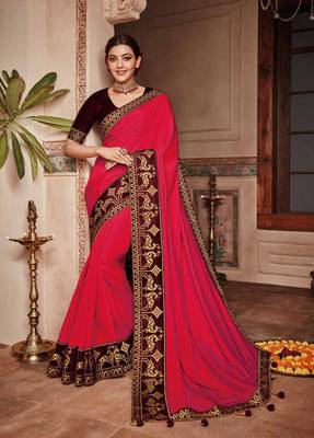 Dark pink embroidered satin saree with blouse 1