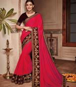 Dark pink embroidered satin saree with blouse