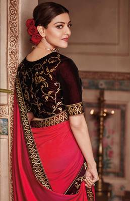 Dark pink embroidered satin saree with blouse 3