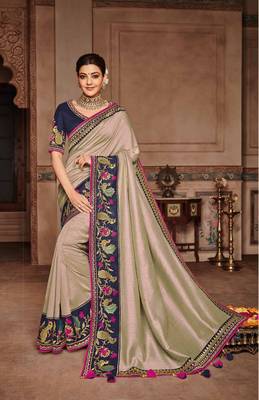 Ivory embroidered satin saree with blouse 1