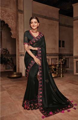 Black embroidered satin saree with blouse 1