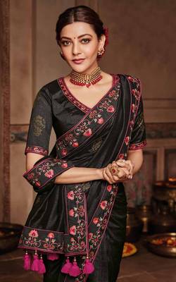 Black embroidered satin saree with blouse 2