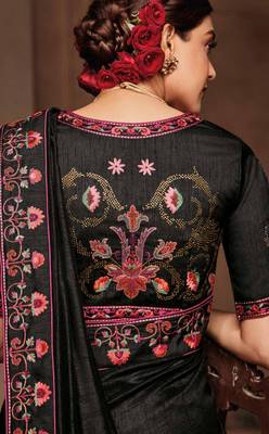 Black embroidered satin saree with blouse 3