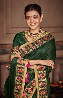 Dark green embroidered satin saree with blouse 2