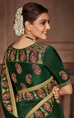 Dark green embroidered satin saree with blouse 3