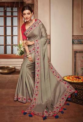 Beige embroidered satin saree with blouse 1