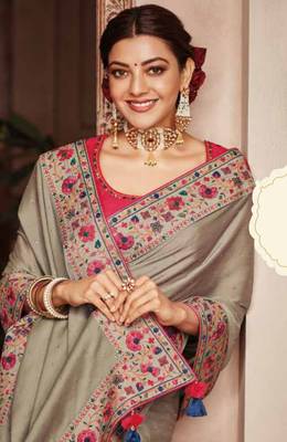 Beige embroidered satin saree with blouse 2