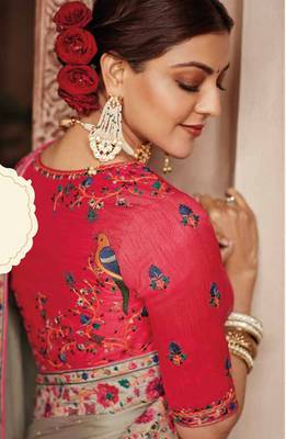 Beige embroidered satin saree with blouse 3