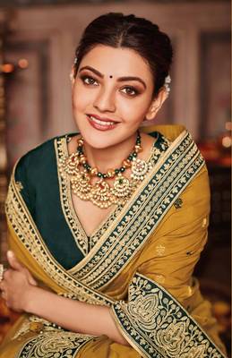 Mustard embroidered satin saree with blouse 2