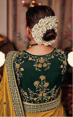 Mustard embroidered satin saree with blouse 3