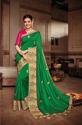 Green Embroidered Satin Saree With Blouse 1