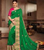 Green Embroidered Satin Saree With Blouse