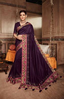 Purple embroidered satin saree with blouse 1
