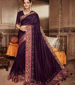 Purple embroidered satin saree with blouse