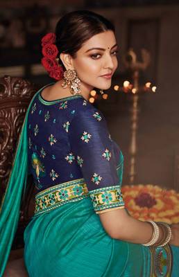 Teal embroidered satin saree with blouse 3
