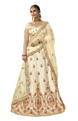 Beige Embroidered Art Silk Semi Stitched Lehenga 1