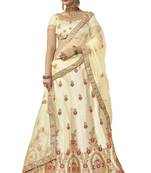 Beige Embroidered Art Silk Semi Stitched Lehenga