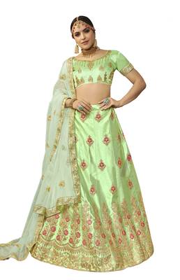 Light-Green Embroidered Art Silk Semi Stitched Lehenga 1
