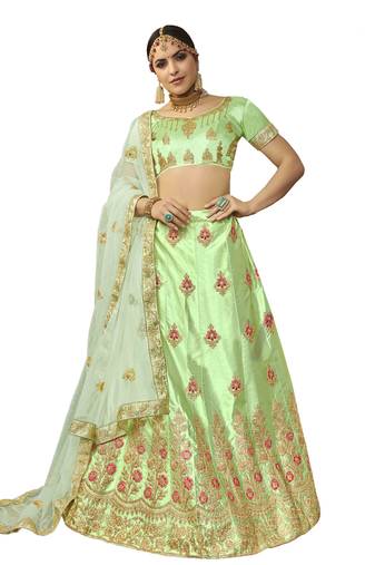Light-Green Embroidered Art Silk Semi Stitched Lehenga