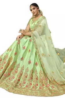 Light-Green Embroidered Art Silk Semi Stitched Lehenga