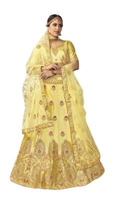 Yellow Embroidered Silk Semi Stitched Lehenga 1