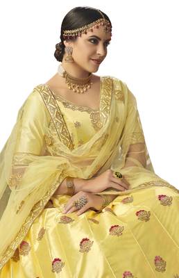 Yellow Embroidered Silk Semi Stitched Lehenga 2