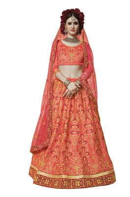 Pink Embroidered Satin Semi Stitched Lehenga 1