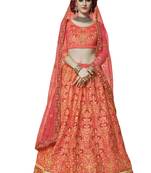 Pink Embroidered Satin Semi Stitched Lehenga