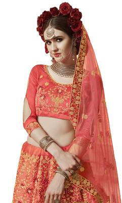 Pink Embroidered Satin Semi Stitched Lehenga 2