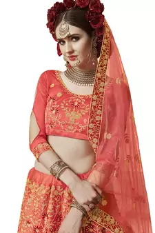 Pink Embroidered Satin Semi Stitched Lehenga