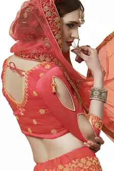Pink Embroidered Satin Semi Stitched Lehenga