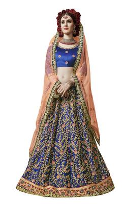 Blue Embroidered Satin Semi Stitched Lehenga 1