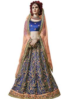 Blue Embroidered Satin Semi Stitched Lehenga