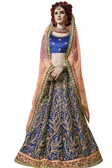 Blue Embroidered Satin Semi Stitched Lehenga