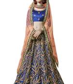 Blue Embroidered Satin Semi Stitched Lehenga